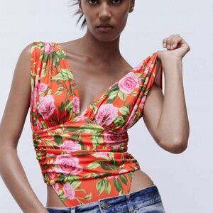 Zara Orange Floral Stretch Deep V Neck Sleeveless Draped Bodysuit Medium NWT